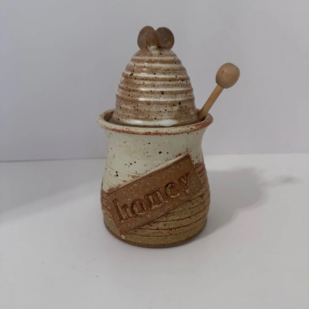 Vintage Wagner Village Pottery Honey Pot Jar Wood Dipper Signed Stoneware Lidded